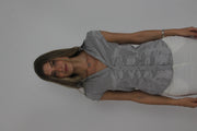 grey pinstripe ruched blouse front view