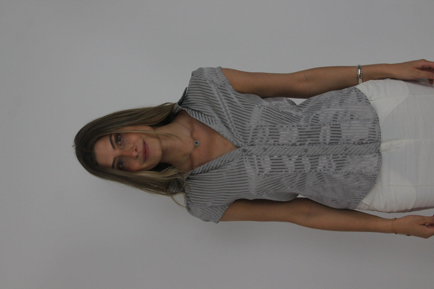 grey pinstripe ruched blouse front view