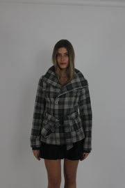 grey plaid belted jacket front view