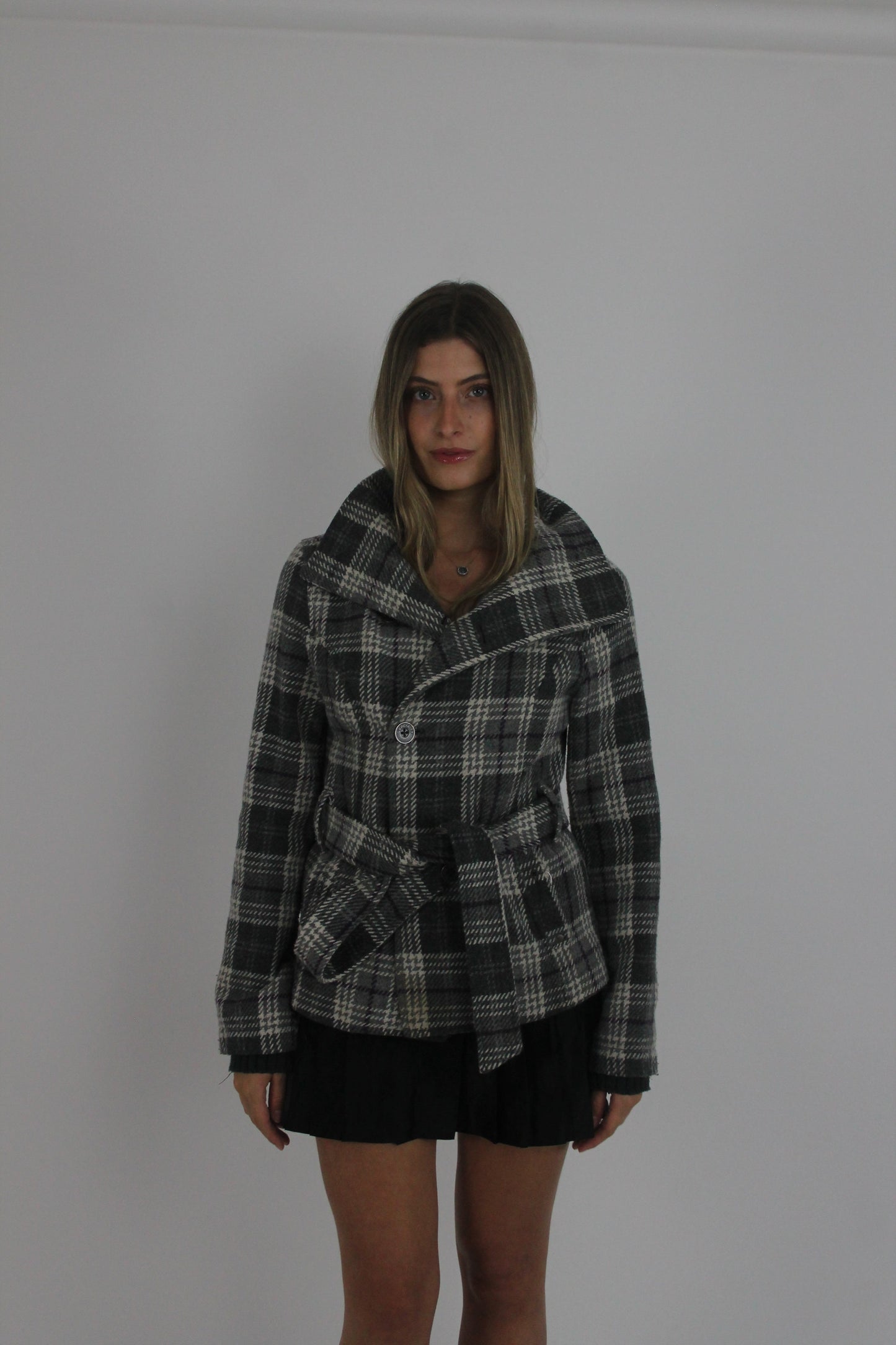 grey plaid belted jacket front view
