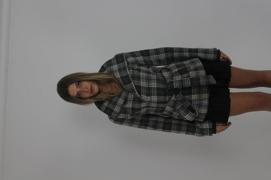 grey plaid belted jacket front view