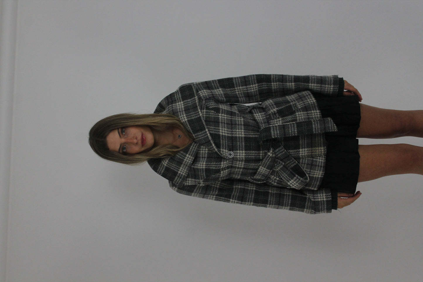 grey plaid belted jacket front view