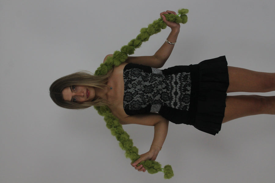 lime green pom-pom scarf front view