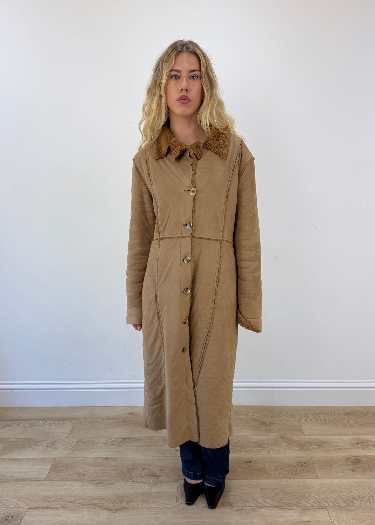 medium brown afghan long coat - full buttoned front