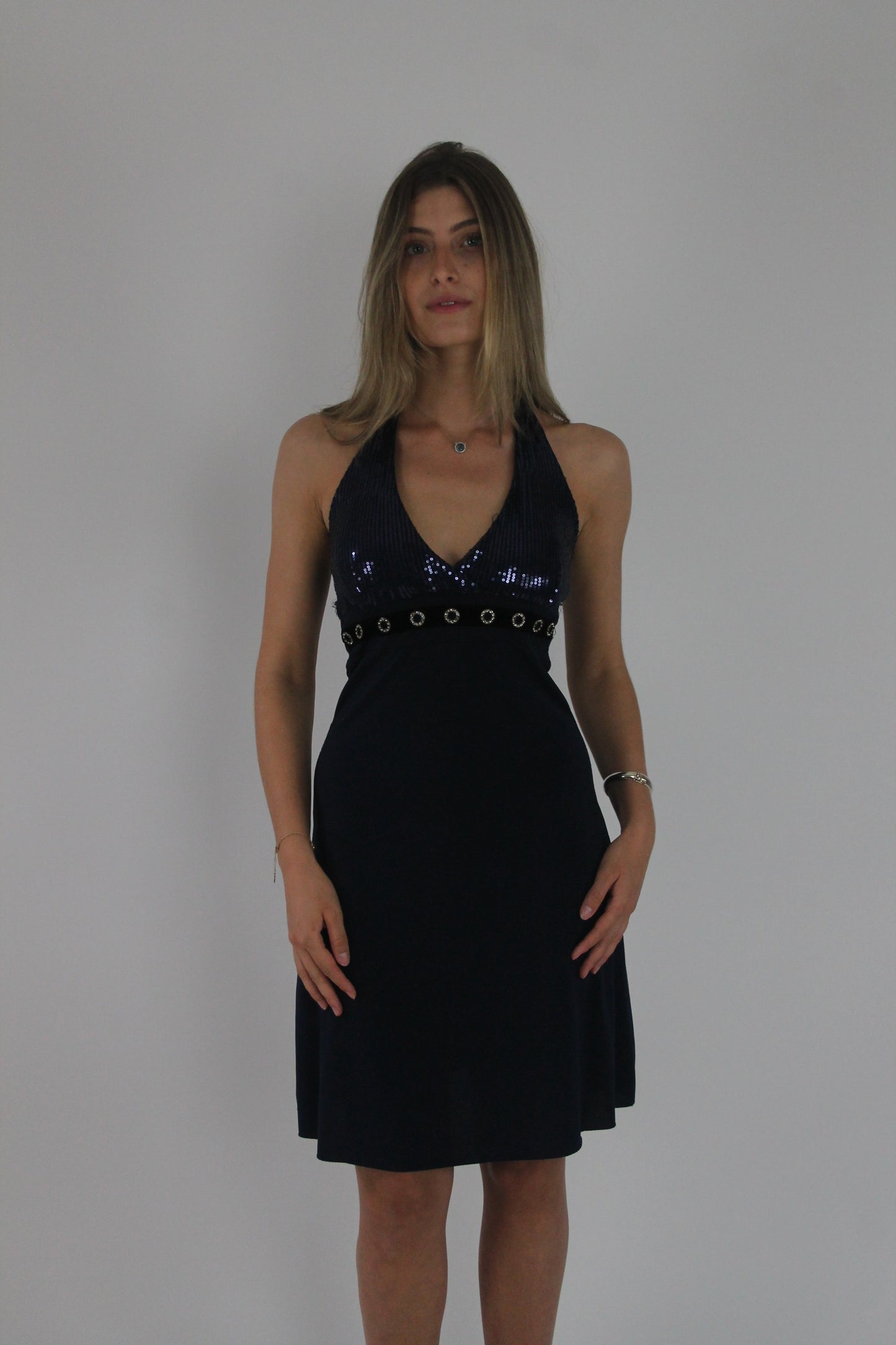 navy halterneck eyelet-detail midi dress front view