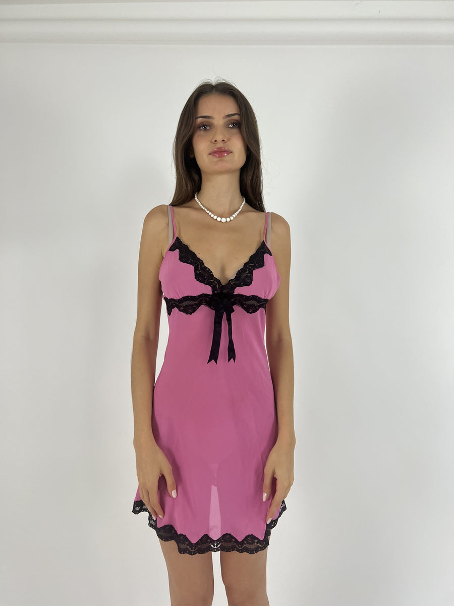 pink and black lace slip mini dress front view
