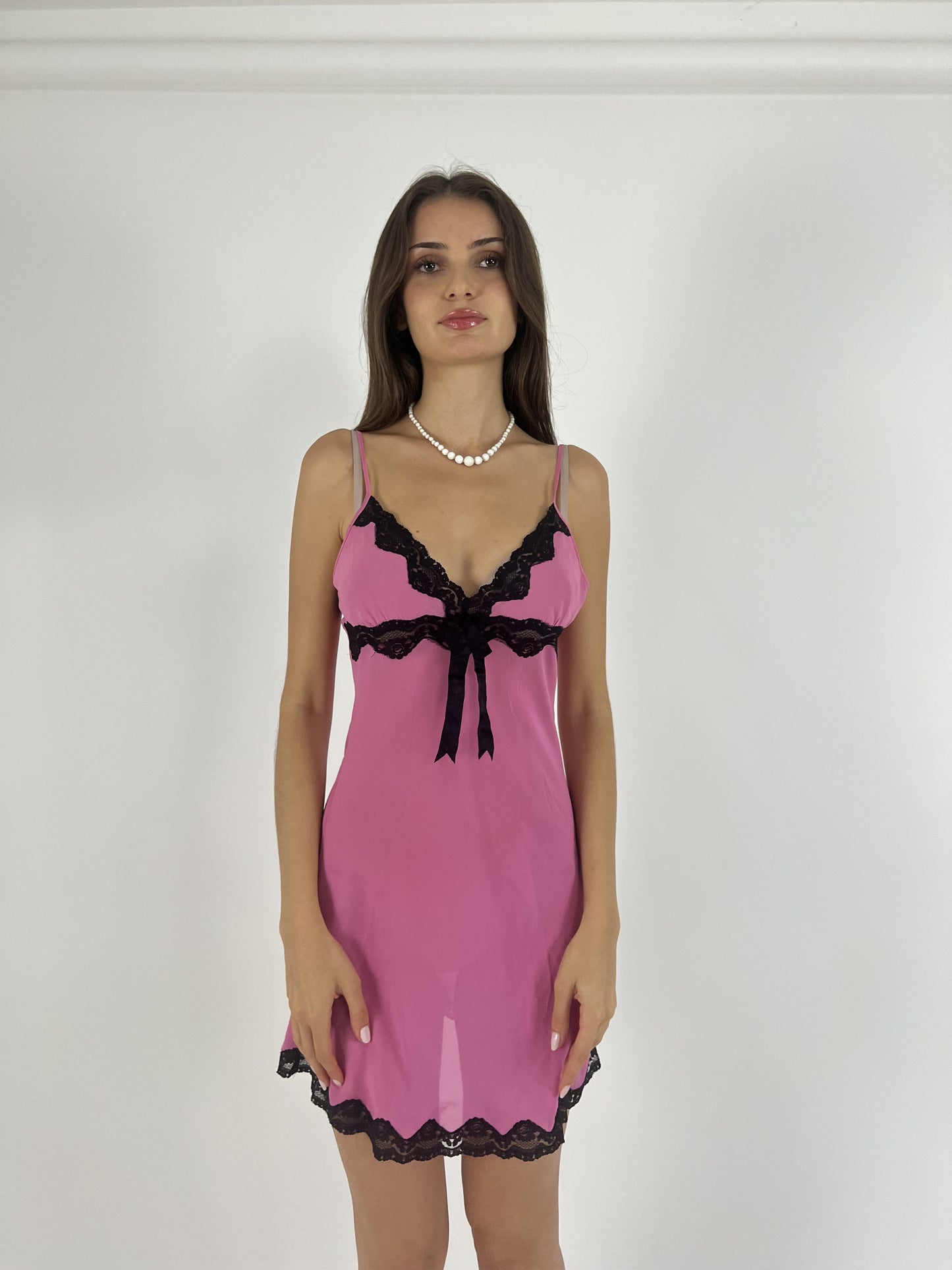 pink and black lace slip mini dress front view
