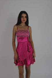 pink sequin and ruffle mini dress front view