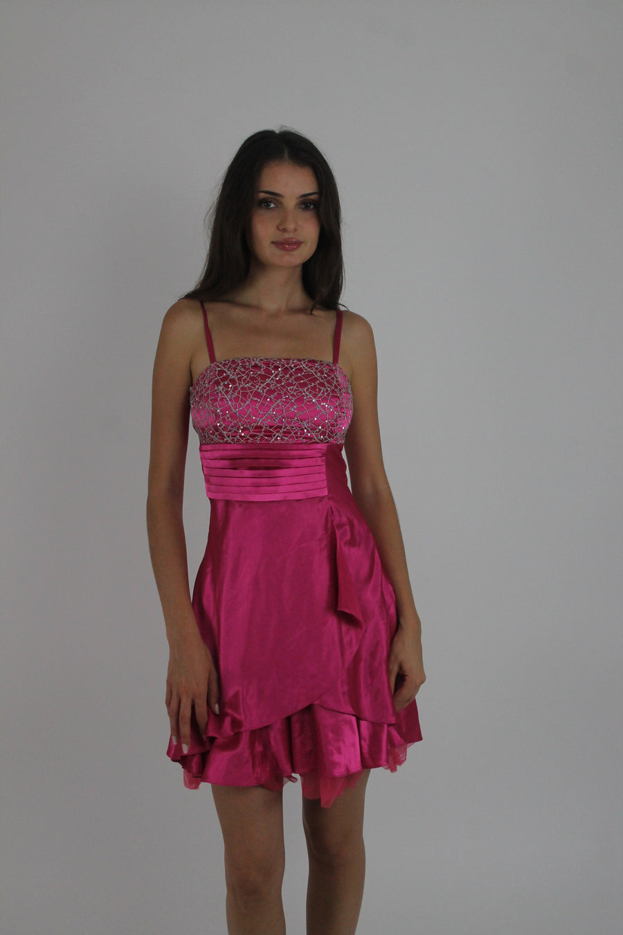 pink sequin and ruffle mini dress front view