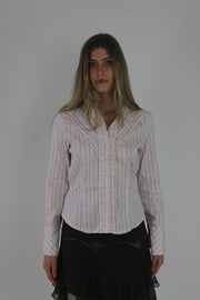 pink and white striped fitted blouse front view