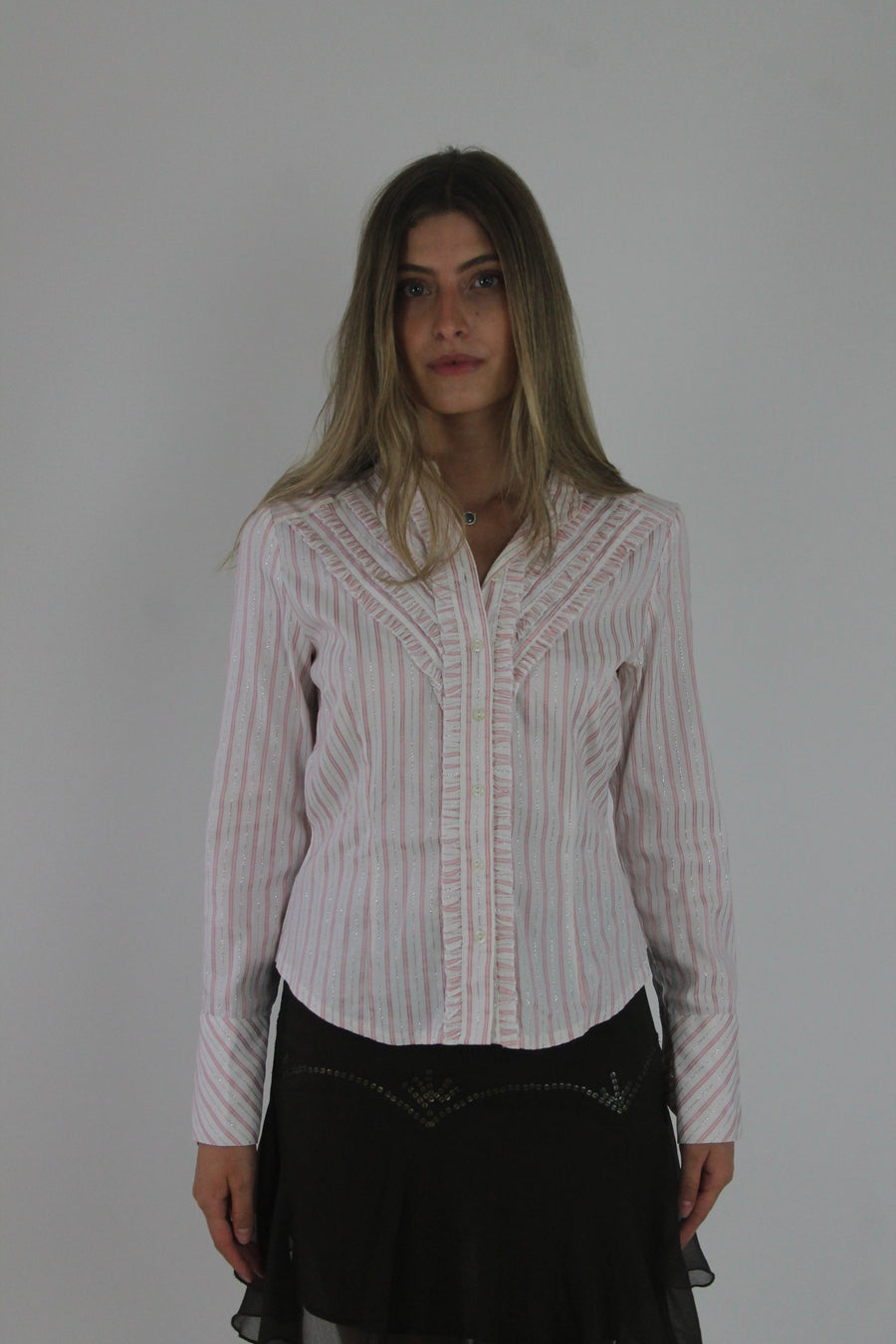 pink and white striped fitted blouse front view