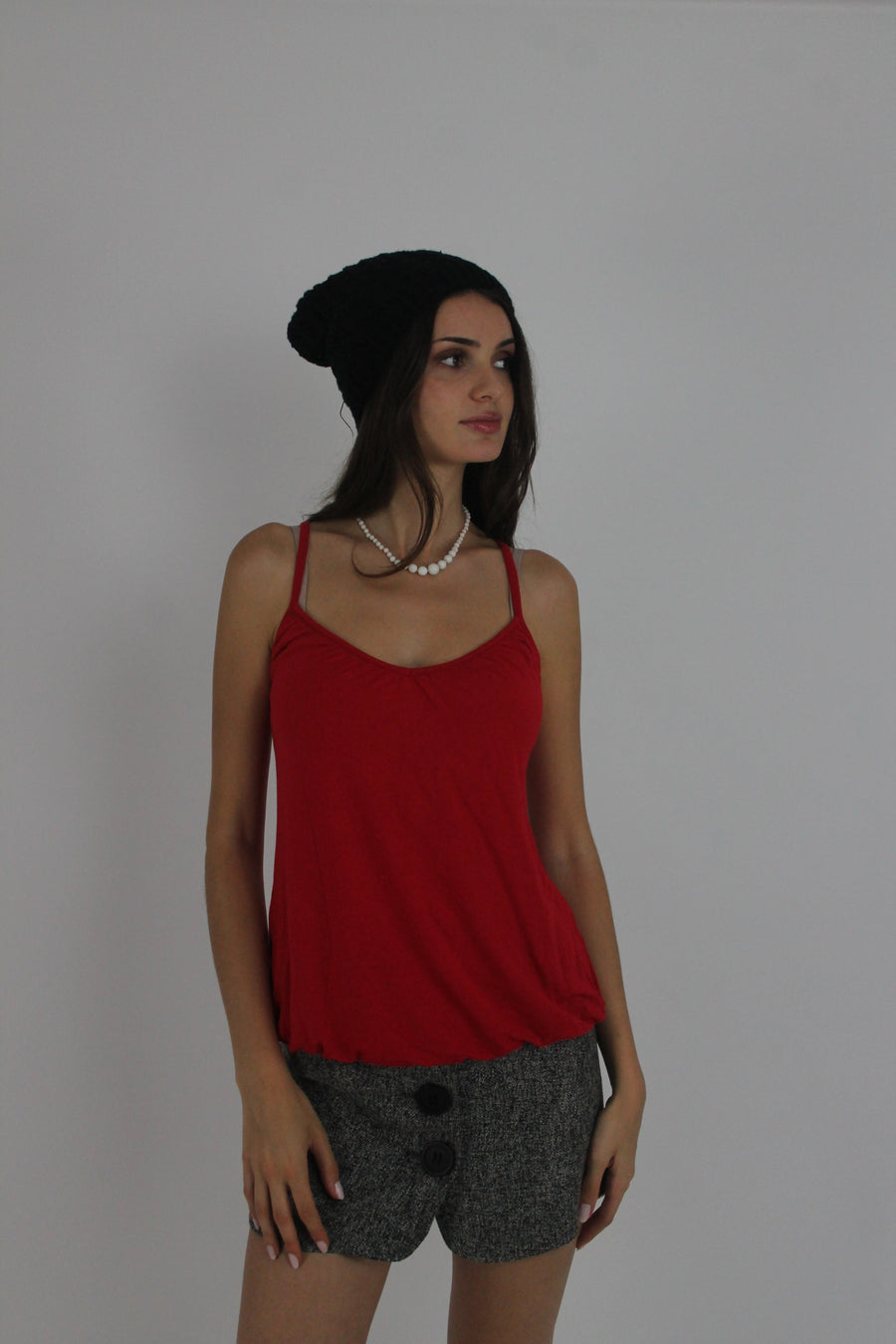 red spaghetti-strap cami top front view