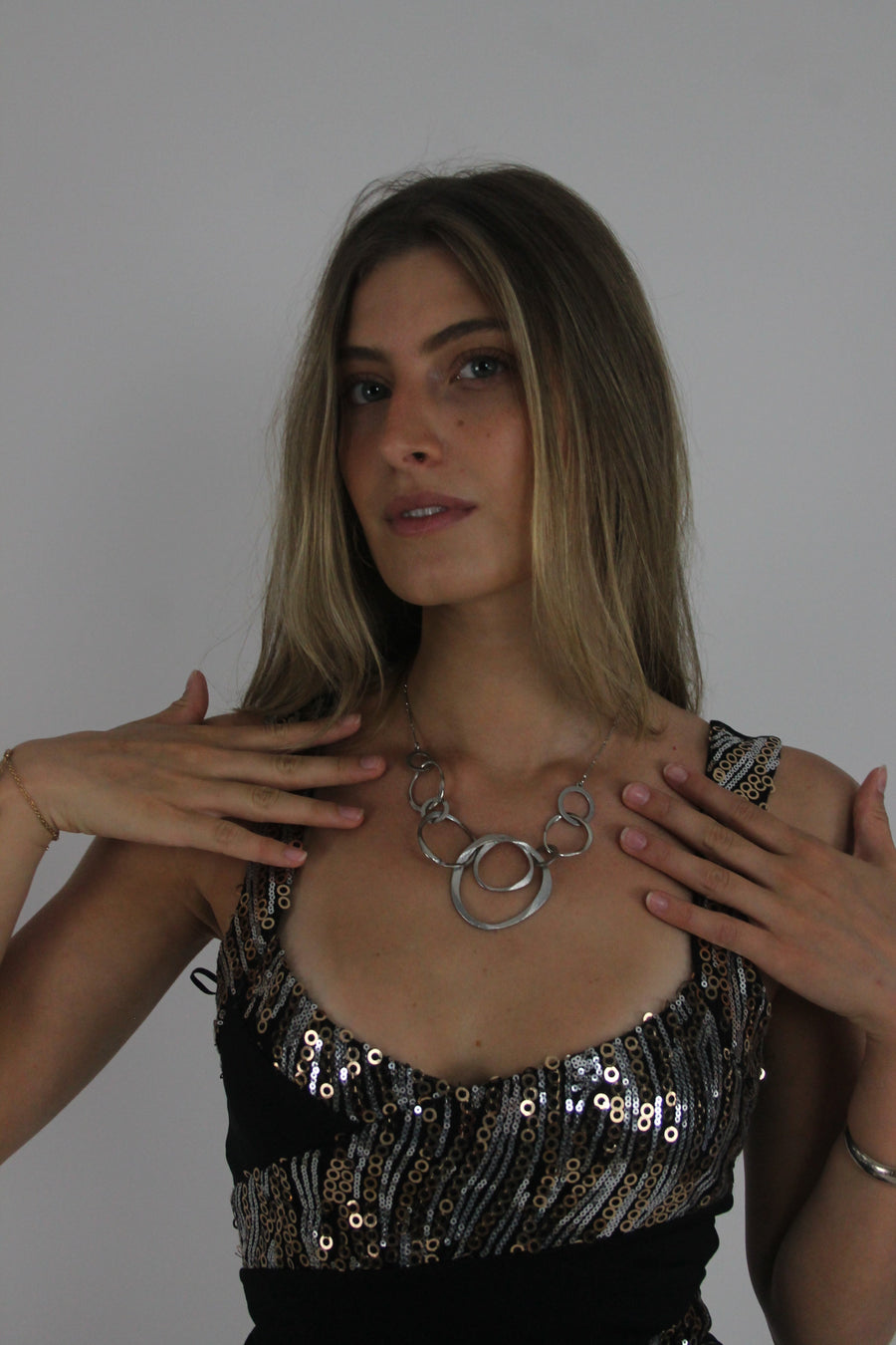 silver-tone layered circle necklace front view