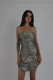silver tiered satin-style mini dress front view