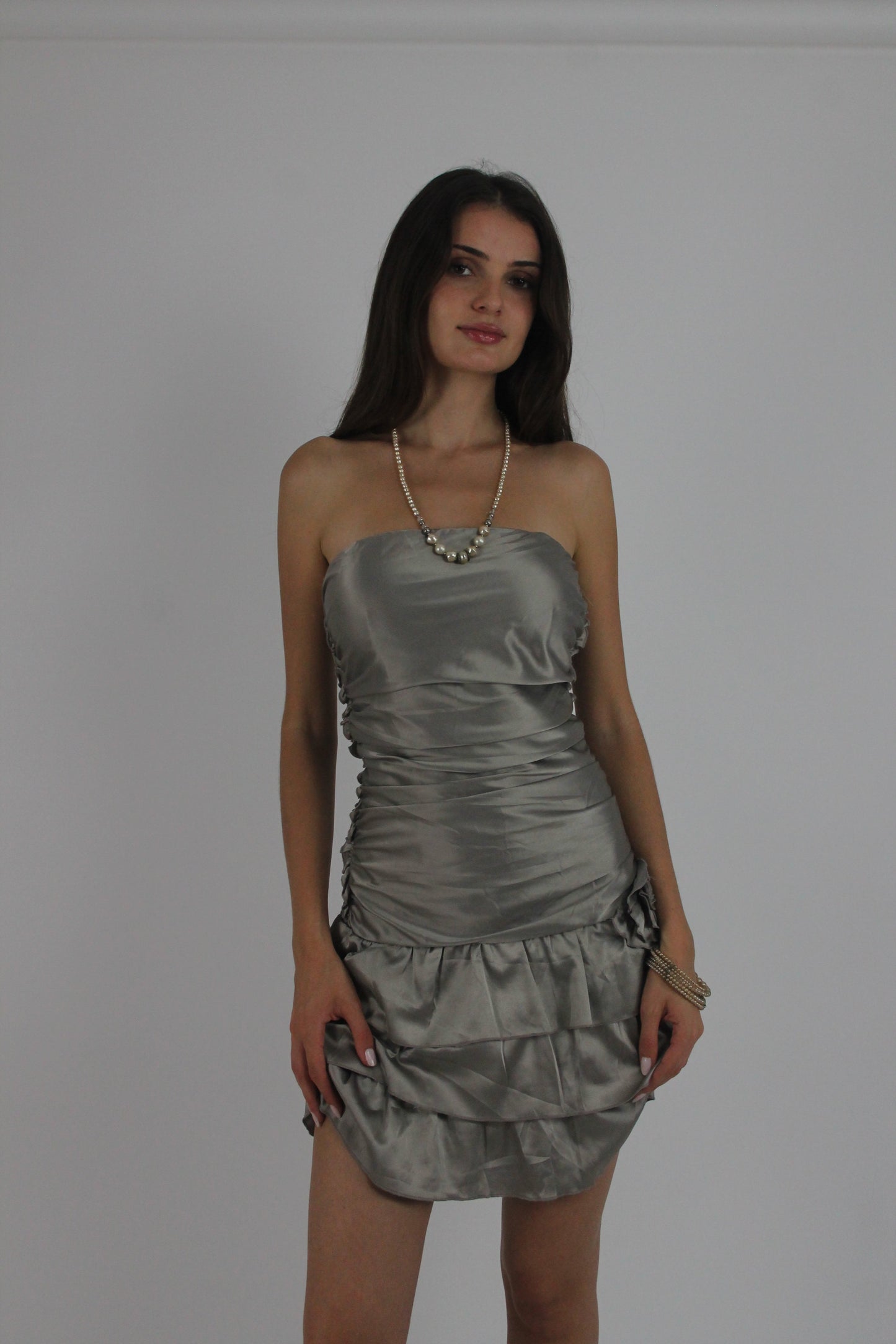 silver tiered satin-style mini dress front view