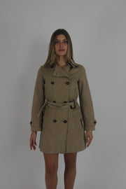 tan belted trench coat front view
