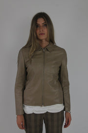 taupe brown fitted leather jacket front view
