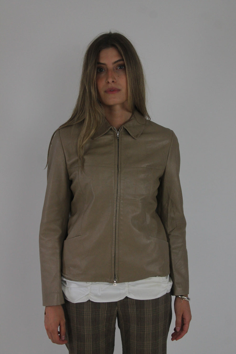 taupe brown fitted leather jacket front view