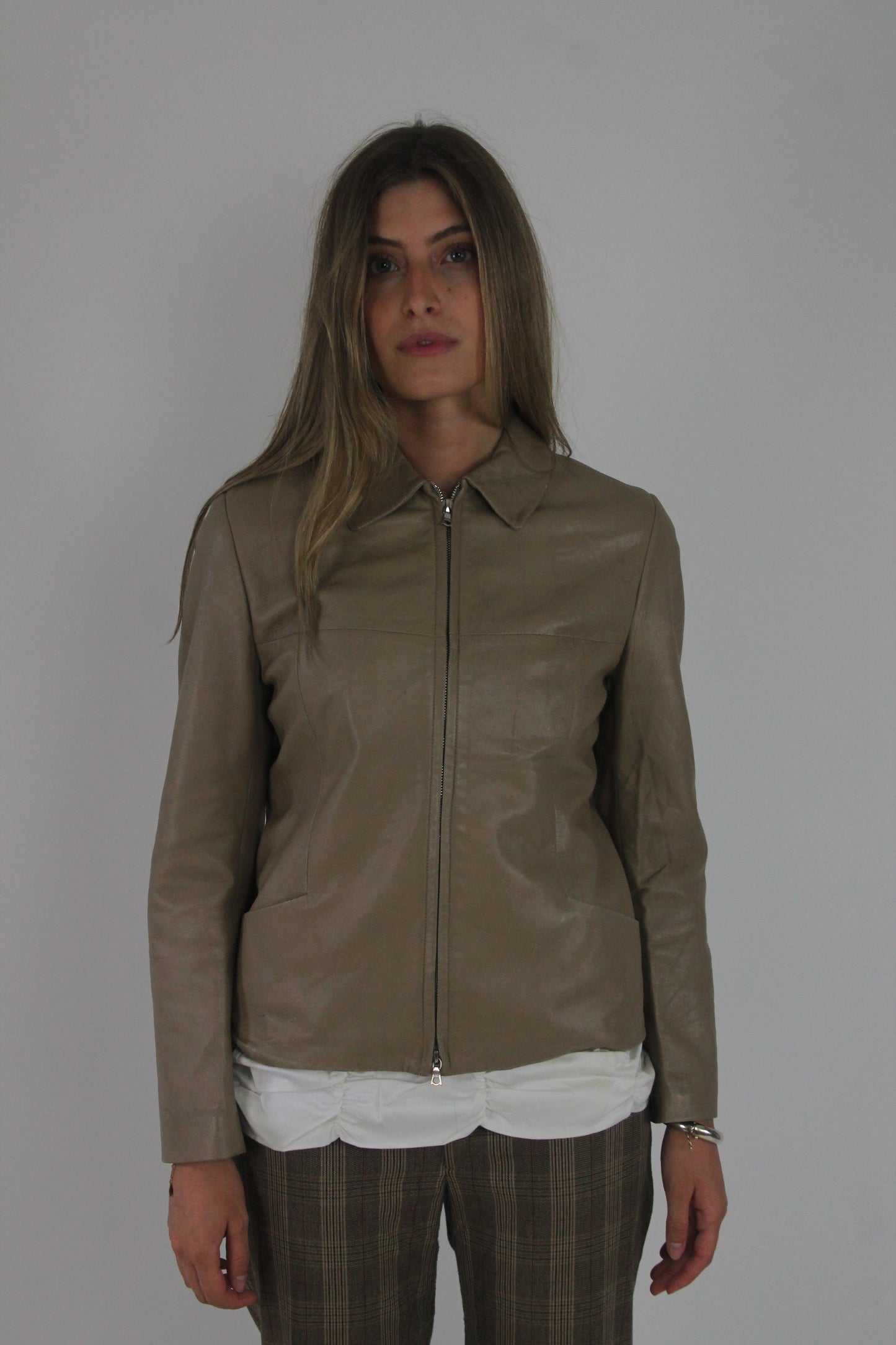 taupe brown fitted leather jacket front view