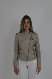 taupe fitted leather-look jacket front view