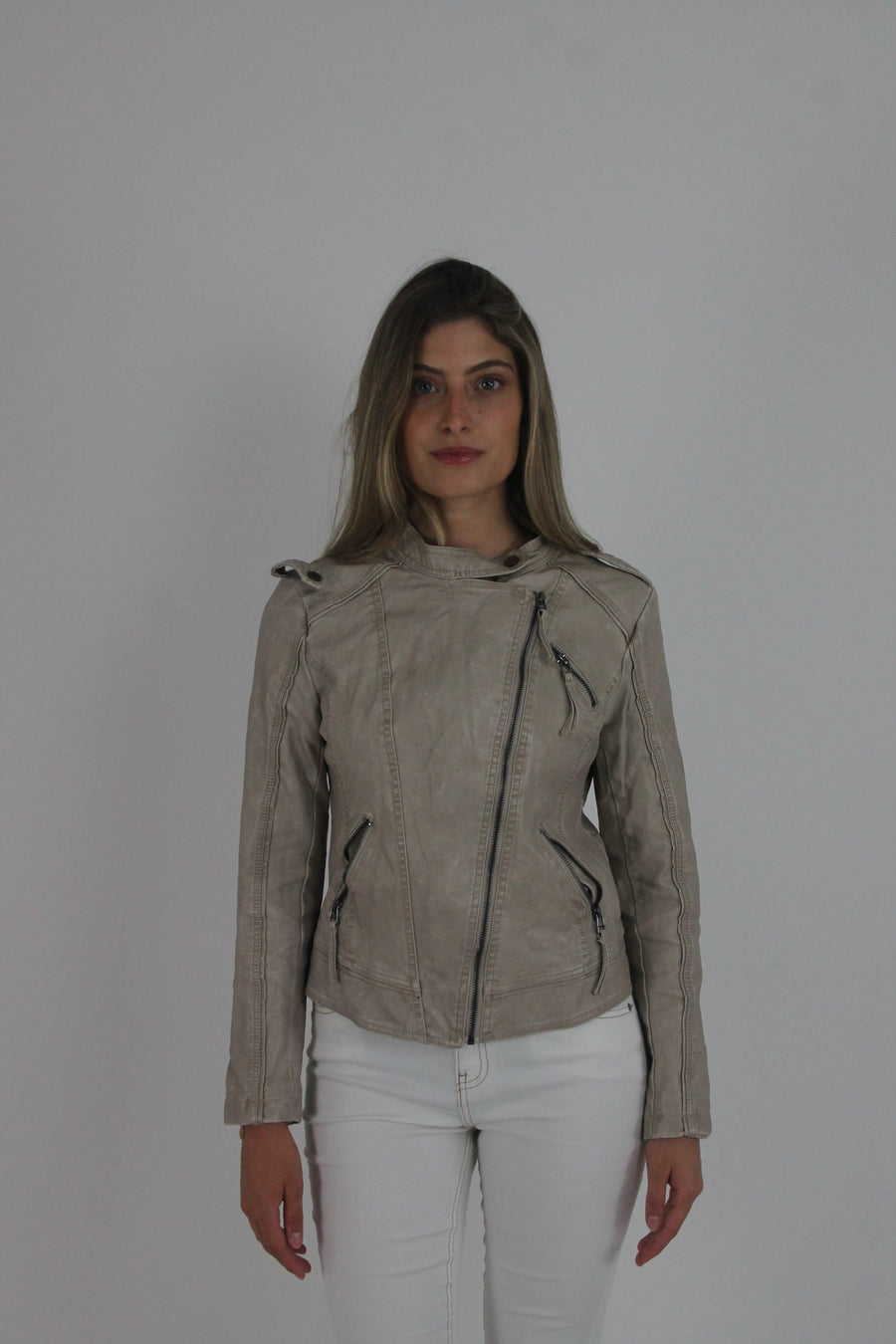 taupe fitted leather-look jacket front view