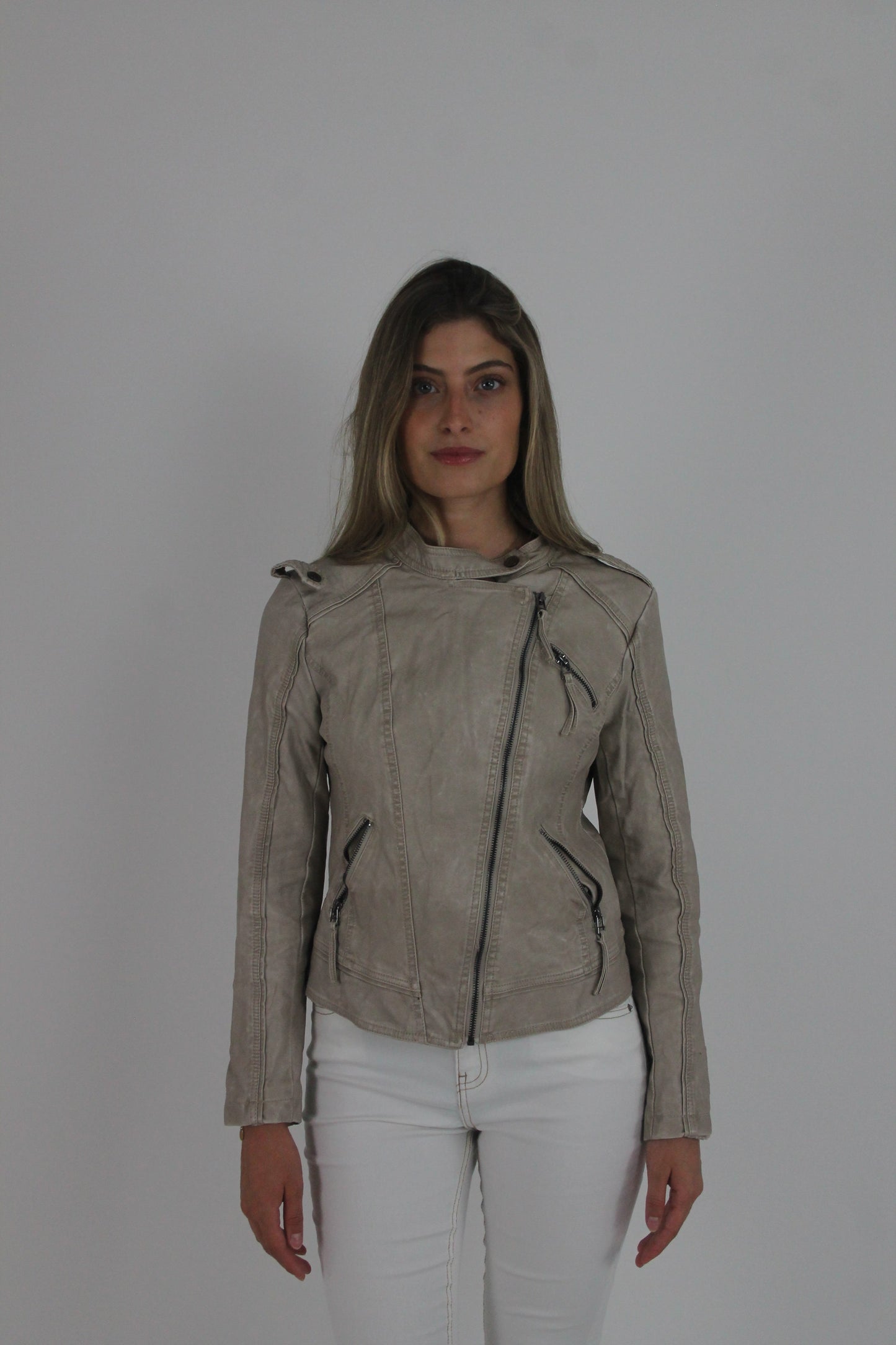 taupe fitted leather-look jacket front view