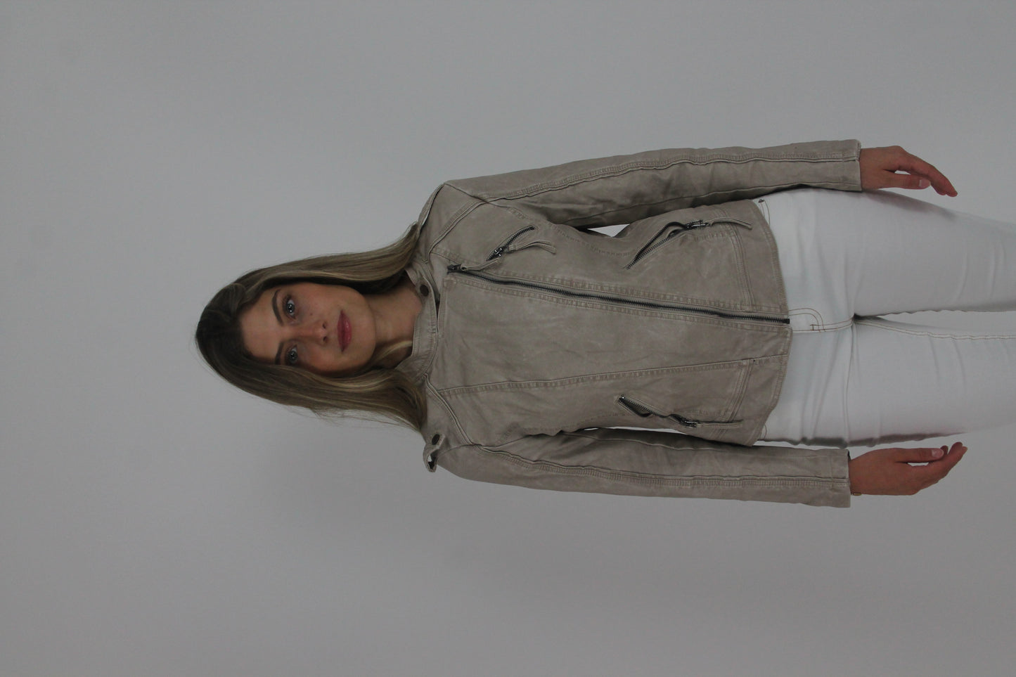 taupe fitted leather-look jacket front view