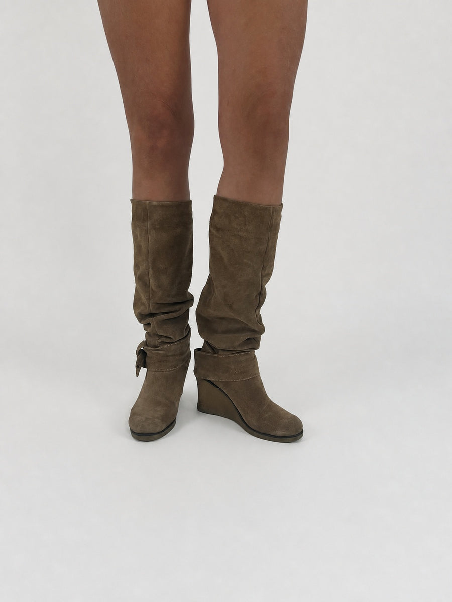 taupe slouch knee-high boots front view