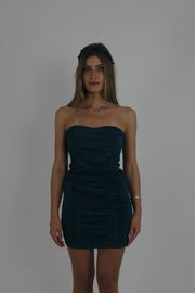 teal strapless ruched mini dress front view