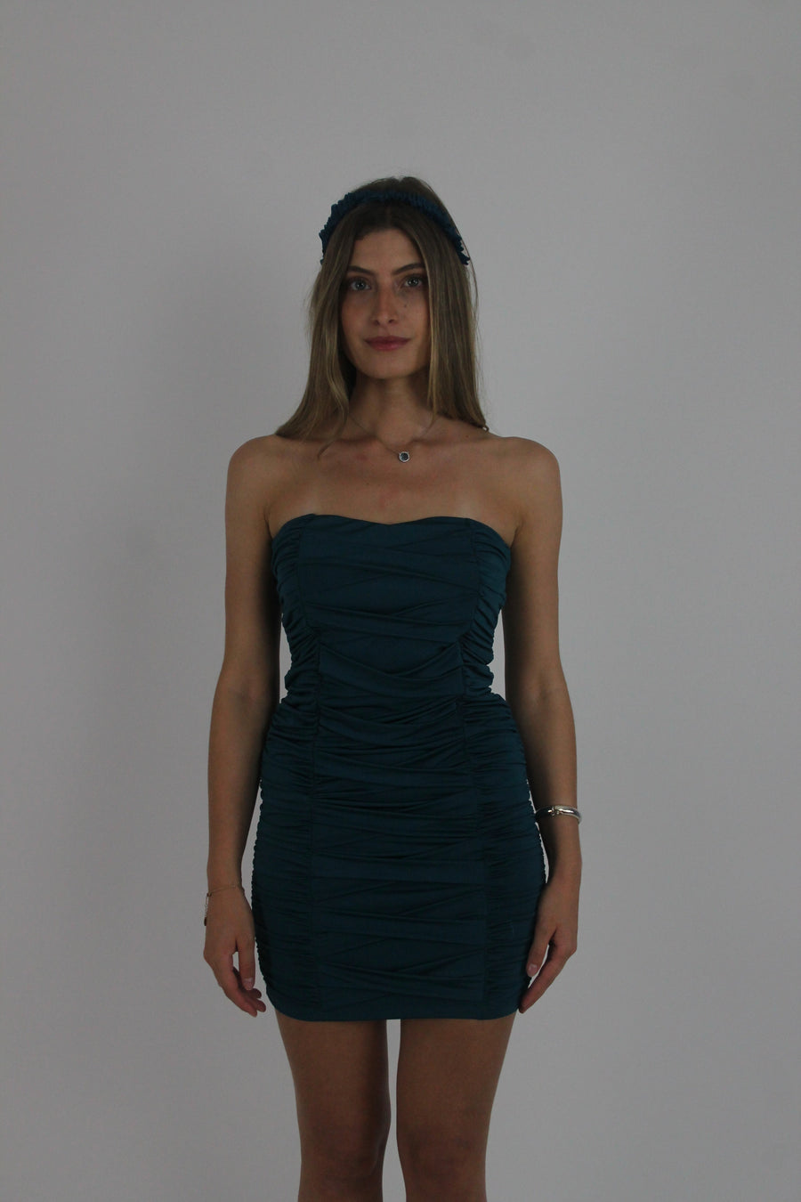 teal strapless ruched mini dress front view