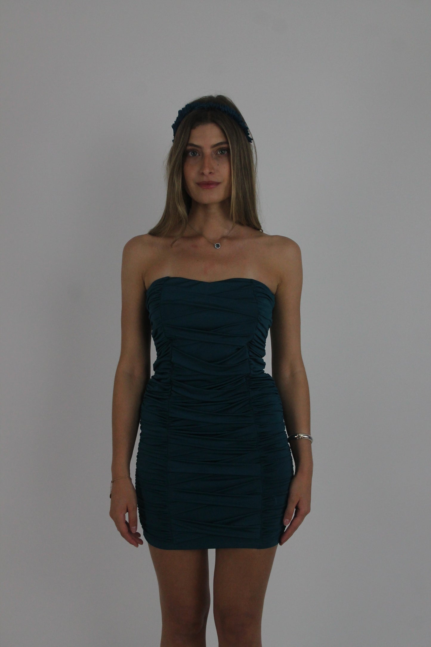 teal strapless ruched mini dress front view