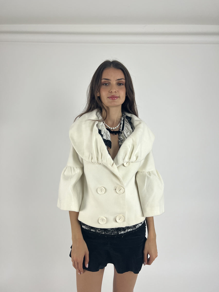 white double-breasted flared-sleeve jacket front view