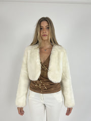 white faux-fur style cropped jacket front view
