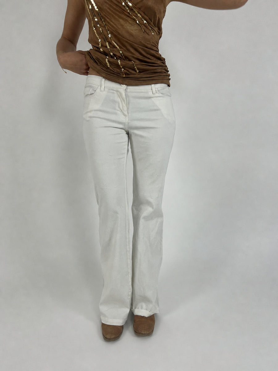 white low-rise flared trousers front view
