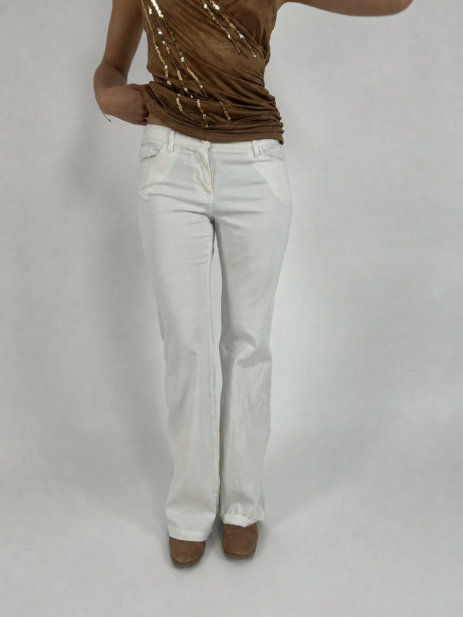 white low-rise flared trousers front view