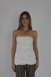 white ruched strapless top front view