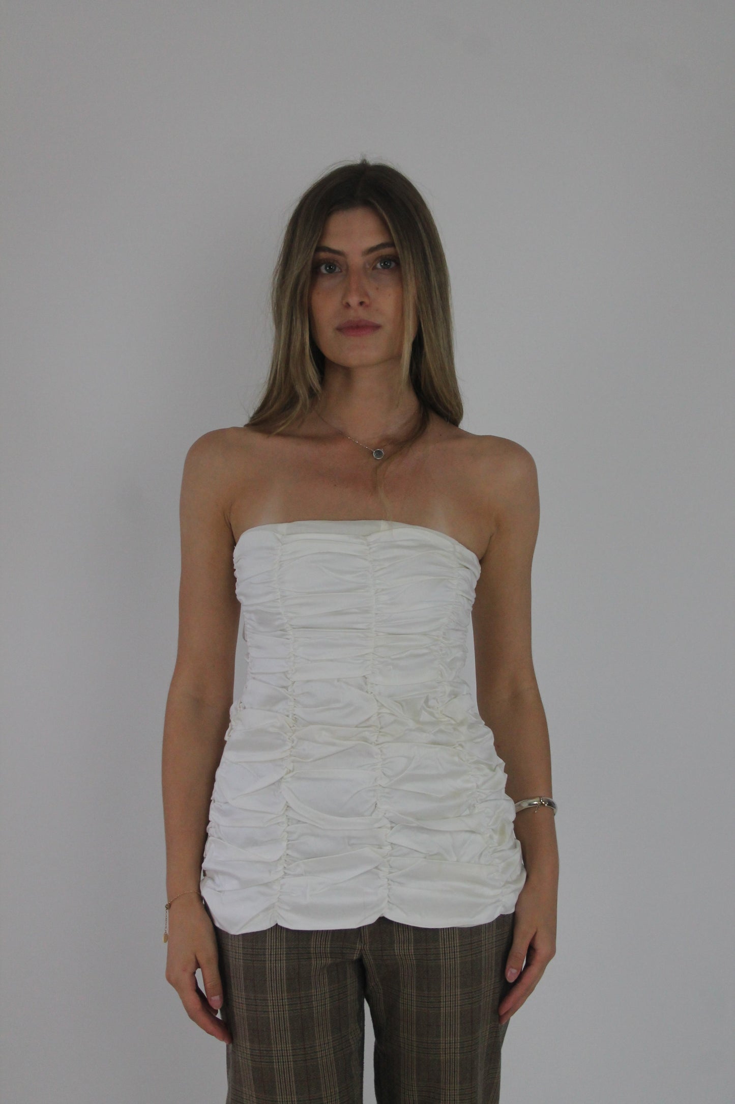 white ruched strapless top front view
