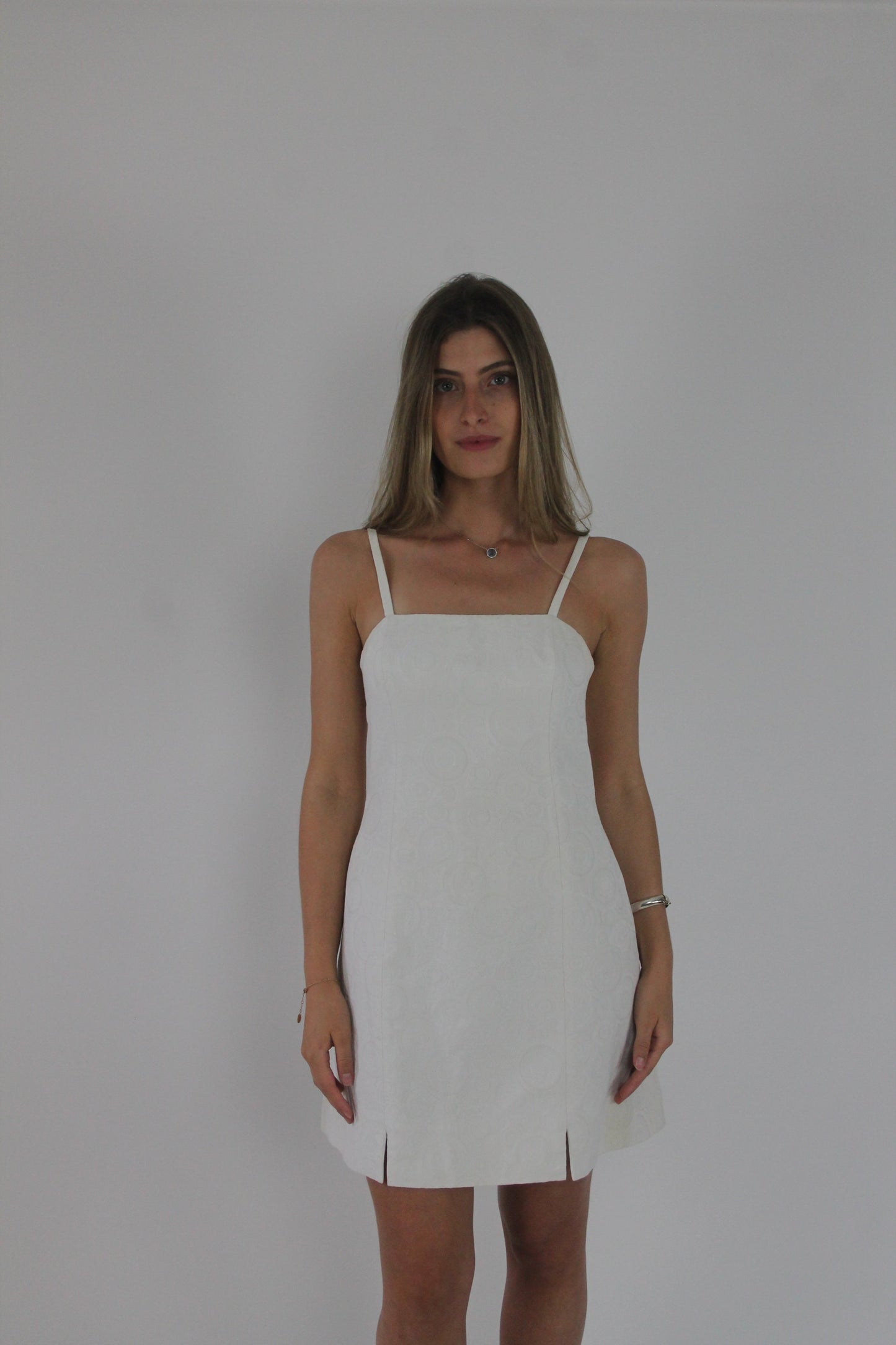 white square-neck mini dress front view