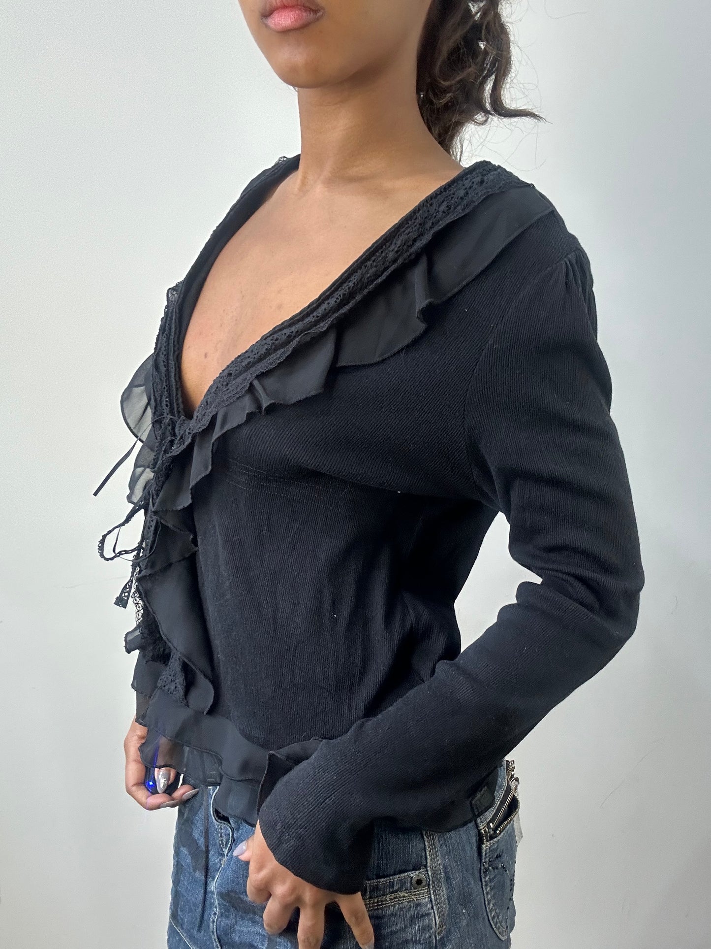 romantic grunge edit | small black frilly long sleeve top