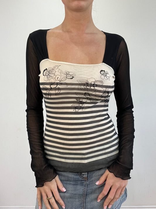 vintage edit twenty | small black and white striped long sleeve mesh top
