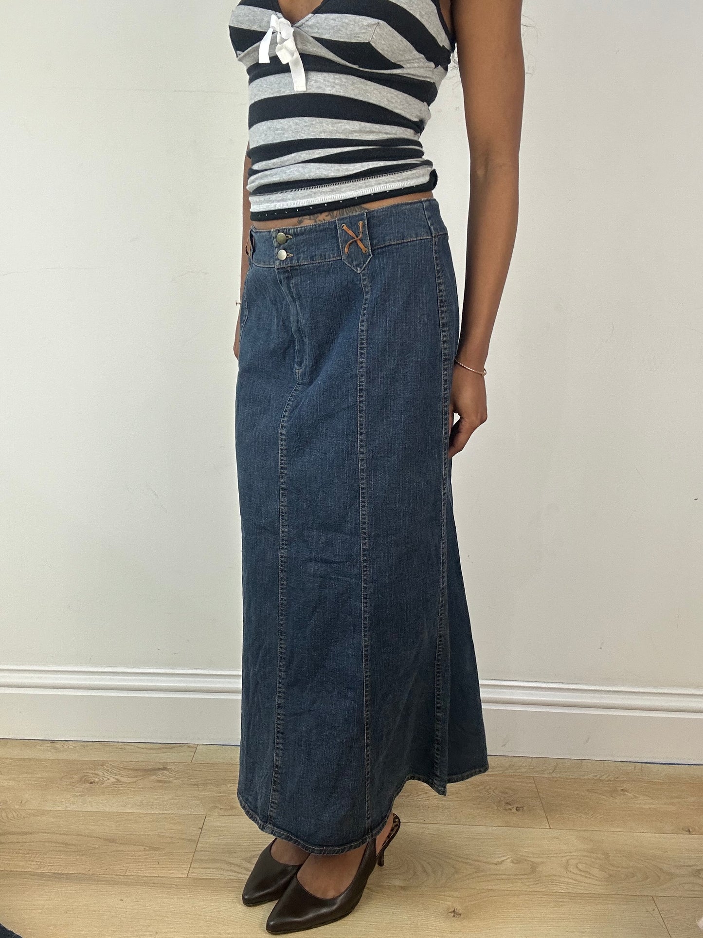 vintage edit eighteen | small blue denim maxi skirt with tie details