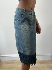 2016 edit | medium blue denim midi skirt with lace trim
