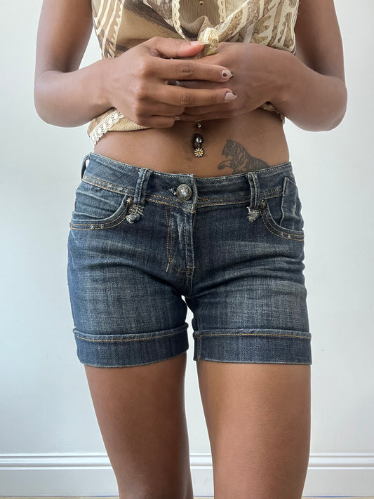 vintage edit thirty-one | extra small blue denim mini shorts with rhinestone button