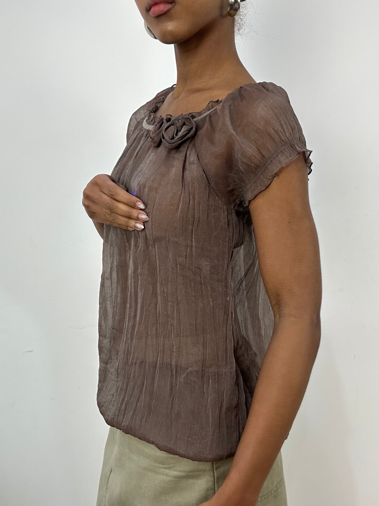 vintage edit: indie sleaze | small khaki brown sheer babydoll top