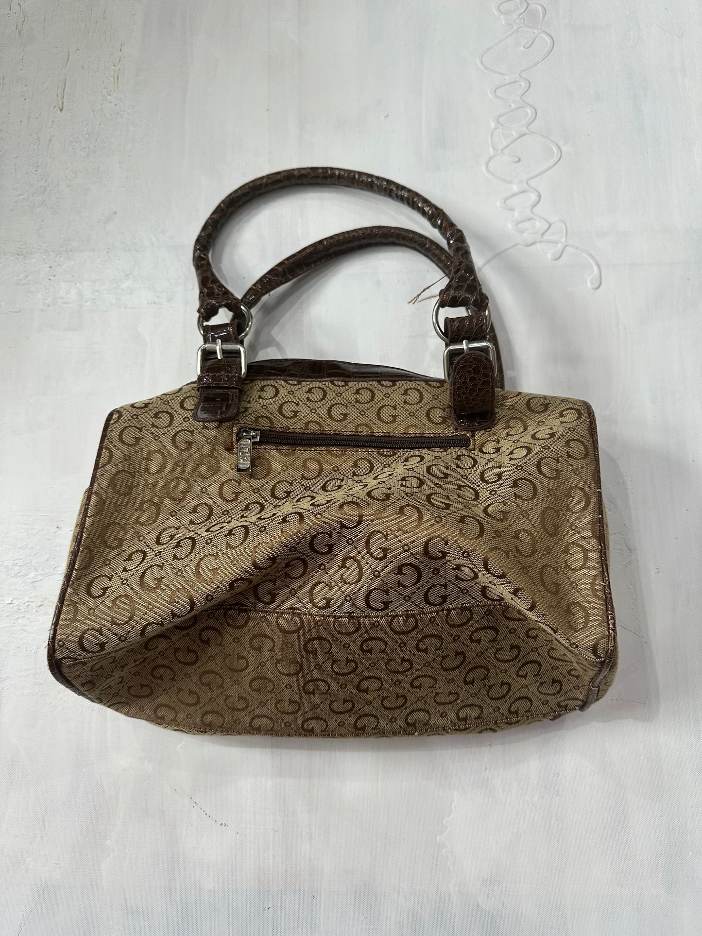 midsummer edit | brown 'G' monogram shoulder bag with faux leather straps