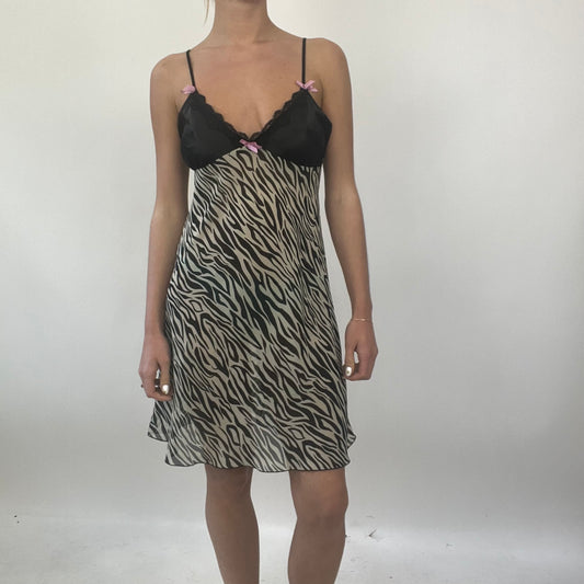 PROM SEASON DROP | small zebra print sheer slip dress w it h ribbon detail