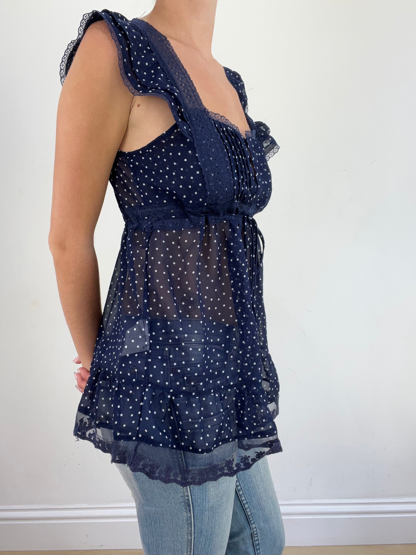 summer edit | small navy mesh short sleeve top with polka dot print