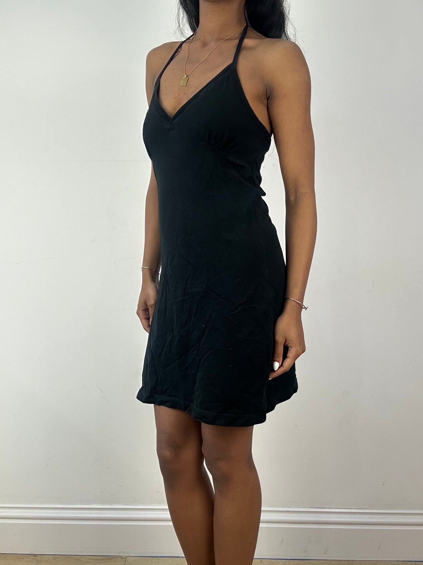 vintage edit eighteen | small black lacoste logo halterneck midi dress