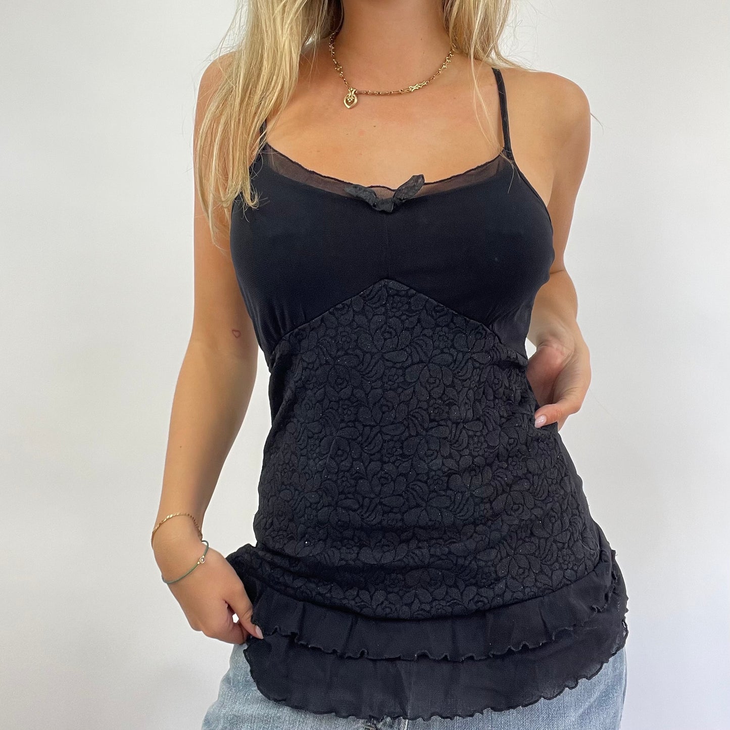 GRUNGE COQUETTE DROP | small black sparkly ruffle top