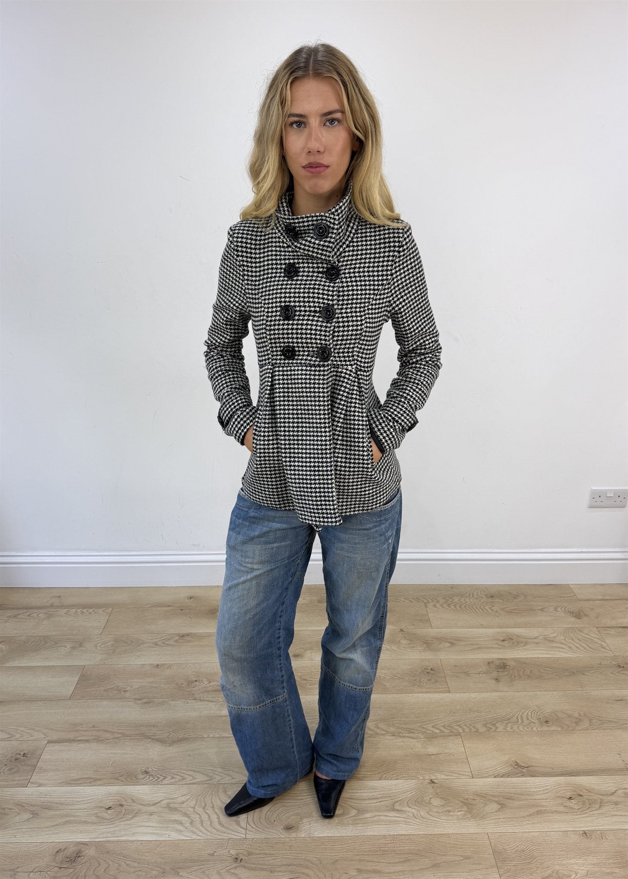 small black and white houndstooth pea coat jacket
